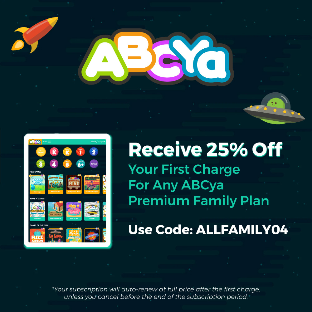 ABCya - Receive 25% off your first charge for any ABCya premium family plan with code ALLFAMILY04. *Your subscription will auto-renew at full price after the first charge, unless you cancel before the end of the subscription period.