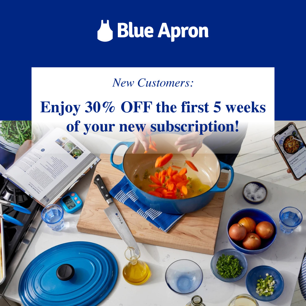 Blue Apron - New Customers:<br>Get 30% OFF the first 5 weeks of your new subscription!