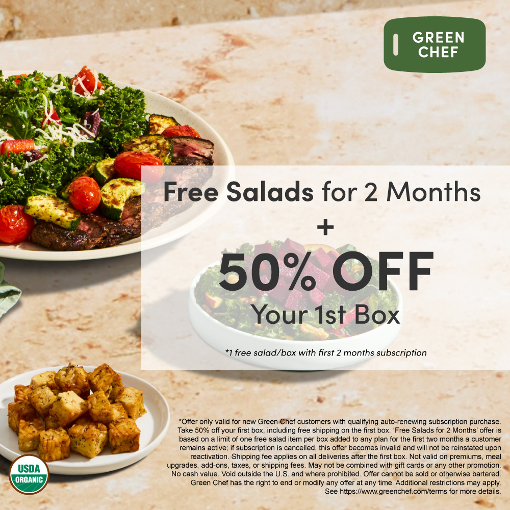 Green Chef - 50% OFF + First Box Ships Free + 20% Off for 2 Months