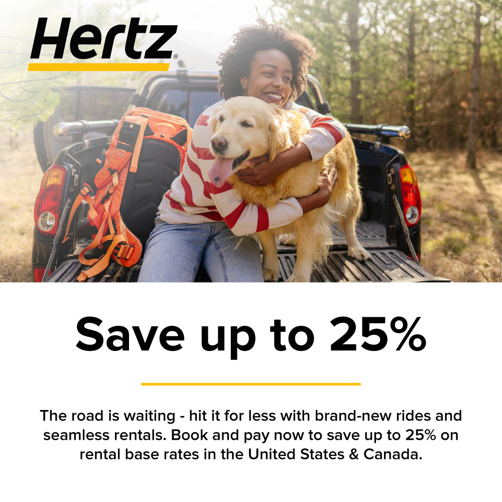 Hertz - <p>Hertz</p><h2>Save 10% off rentals</h2><p>*Ends 12/31/2025. Discount applies to the pay later base rate. Taxes, fees and options excluded. Additional terms and exclusions apply.</p><p>*Discount applies to the pay later base rate. Base rate includes time and mileage charges only. Taxes and fees excluded. Minimum one (1) day rental required. Maximum twenty-seven (27) days. This offer is available at participating Hertz locations in the U.S. Twenty-four (24) hour advance reservation required. Discount applies to all Car Classes. Offer has no cash value, and may not be used with other discounts, promotions or special rates. Offer valid for vehicle pick-up from 10/1/2024 - 12/31/2025. Subject to availability, blackout periods and additional restrictions.</p>