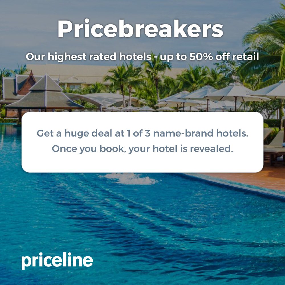 Priceline - Pricebreakers
Our highest rated hotels - up to 50% off retail
Get a huge deal at 1 of 3 name-brand hotels.
Once you book, your hotel is revealed.