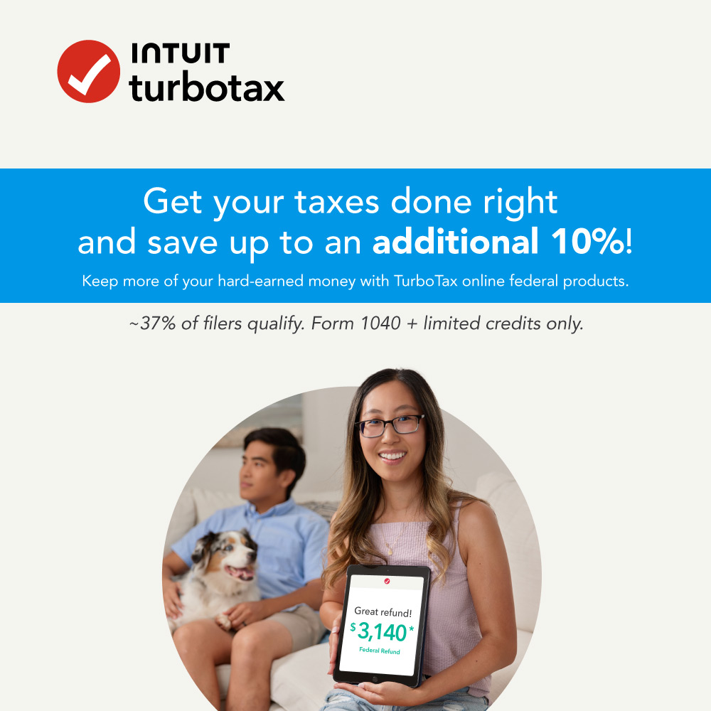 TurboTax - Get your taxes done right and save up to an additional 10%! Keep more of your hard-earned money with Turbo Tax online federal products. ~37% of filers qualify. Form 1040 + limited credits only.